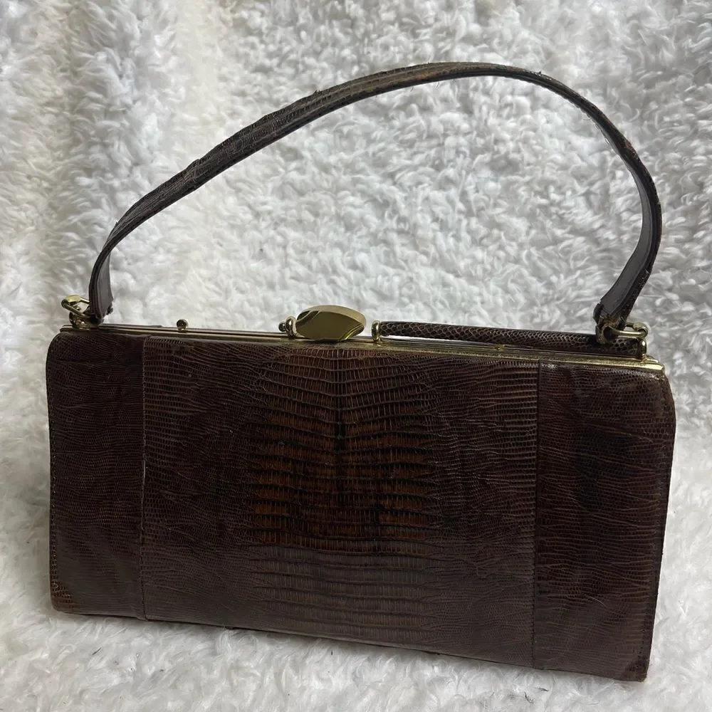 Vintage Brown Snake skin print handbag with antique gold tone hardwares.